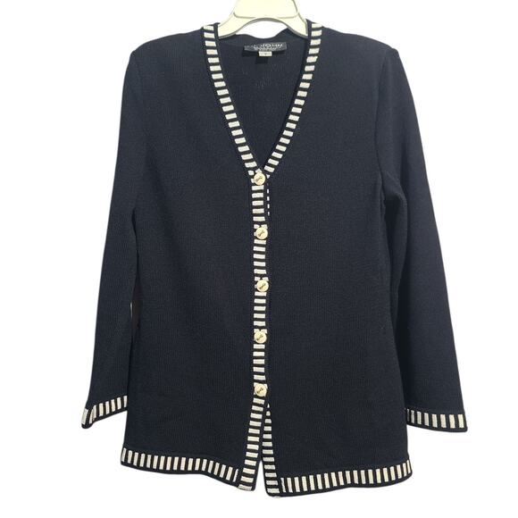St John Collection Lattice Trim Santana Knit Cardigan Size 2 Black - Picture 1 of 5